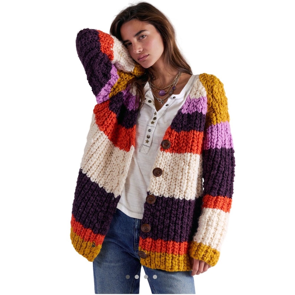 NWT‎ Free People Myles Stripe Cardigan Heavy Knit XS Sweater
